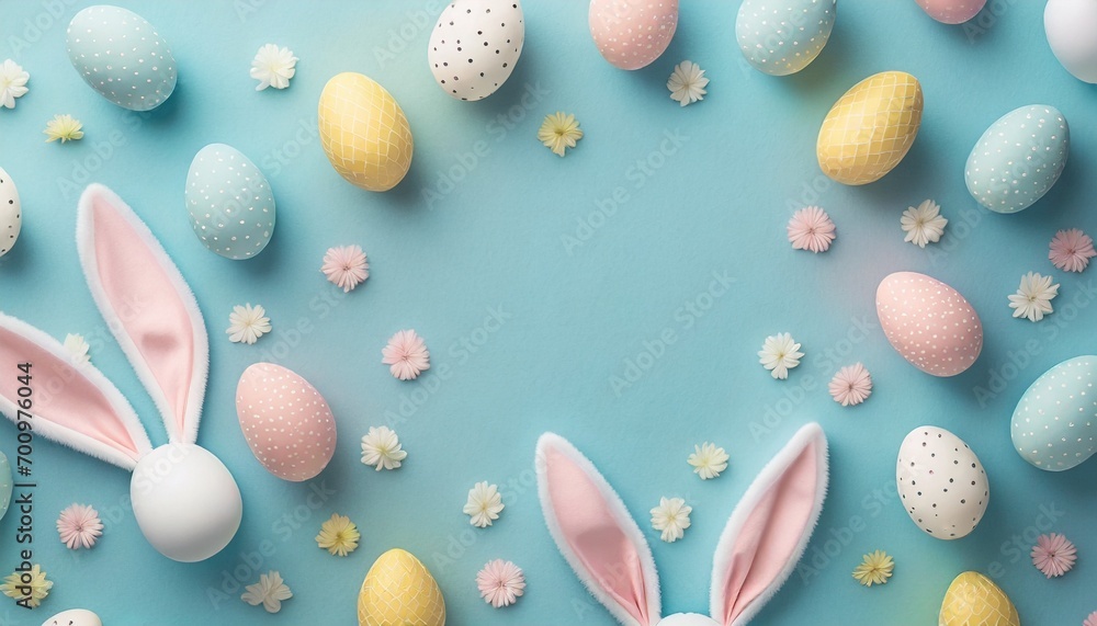 Easter Day - Cute Easter Bunny with Colorful Easter Eggs - Background with Space for Copy Easter Day - Cute Easter Bunny with Colorful Easter Eggs - Background with Space for Copy