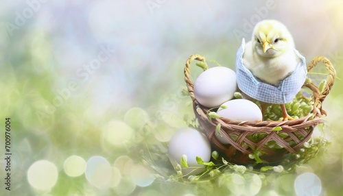 Easter Day - Cute Easter Chick with Colorful Easter Eggs - Background with Space for Copy