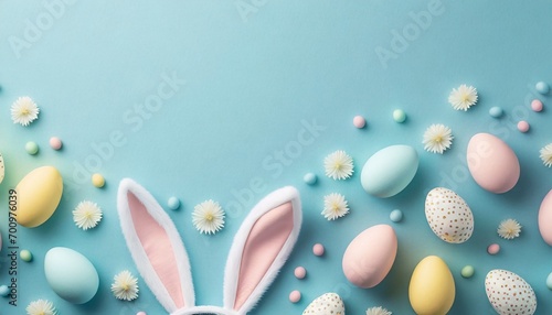Easter Day - Cute Easter Bunny with Colorful Easter Eggs - Background with Space for Copy photo