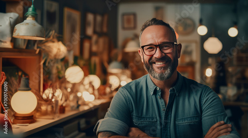 Bearded man with friendly smile, casual button-down shirt in glasses,stands in well-organized art studio, crossing his arms relaxed manner,advertising creative studios,profiles of professional artists photo