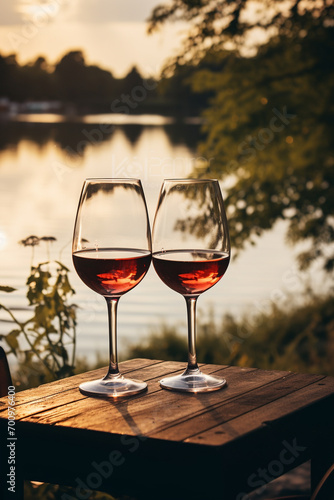 two beautiful glasses with wine on the background of water