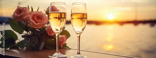two glasses of pink wine and a bouquet of roses on a wooden surface, blue ocean in the background.