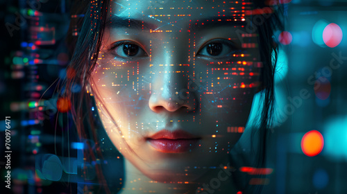  futuristic tech korean woman with Line of Code Projected on Her Face and Reflecting. Software Developer Working on Innovative e-Commerce App using AI, Big Data