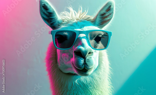 close up of a llama wearing sunglasses with cool vibe