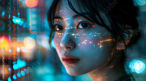  futuristic tech woman with Line of Code Projected on Her Face and Reflecting. Software Developer Working on Innovative e-Commerce App using AI, Big Data