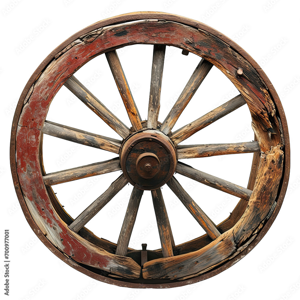 Isolated objects one very old wooden waggon wheel on white background