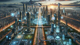 未来の都市にドローンや飛行船が飛んでいるイメージ画像　SFの都市
