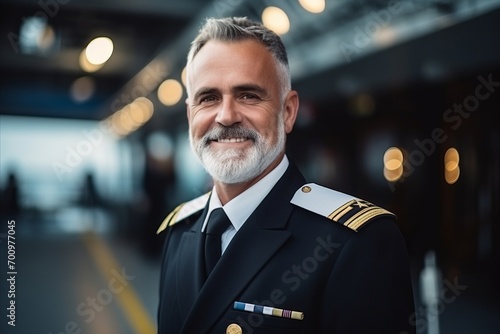 Portrait of a handsome mature pilot in uniform standing in airport corridor