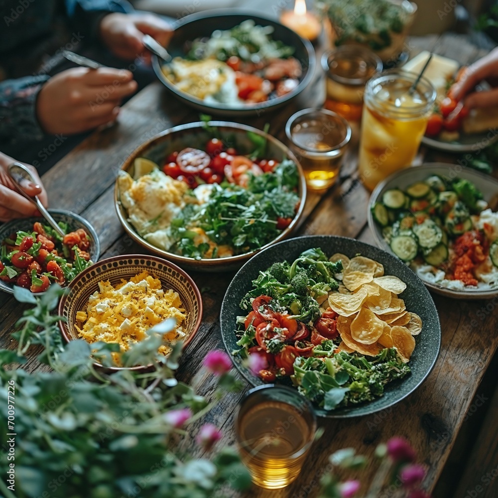 Dinner calebration. Top - down view of wooden table full of tasty food, cheese, vegetables in warm sunset light Dinner calebration. Top - down view of wooden table full of tasty food, cheese, vegetables in warm sunset light