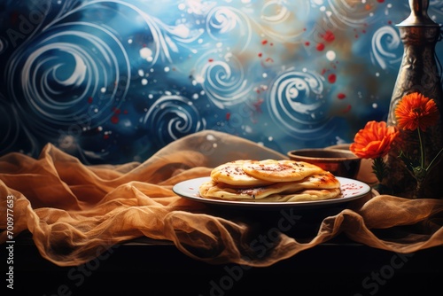 Pancakes on a plate on a dark background for Maslenitsa photo