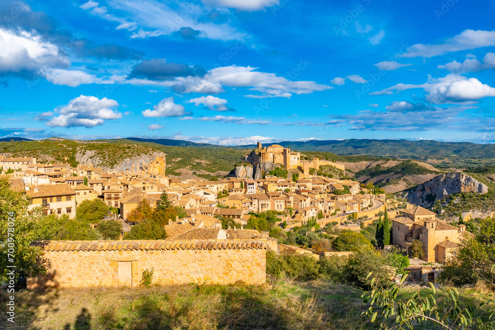 Panoramic of the mountain village in the Pyrenees called Alquezar, medieval town of Huesca, Spain