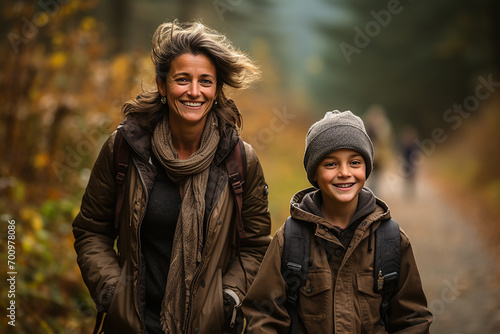 Mother and son are walking in the forest on a sunny day  wearing coats for the cold  they are happy. International Forest Day. Environment. 