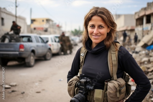 Portrait of a female photographer on the background of the destroyed city © Nerea