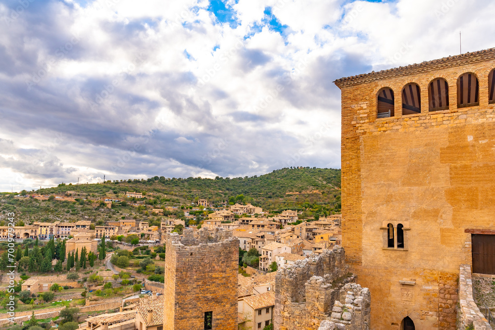 Views of the castle tower of the Pyrenean village of Alquezar, medieval town of Huesca, Spain