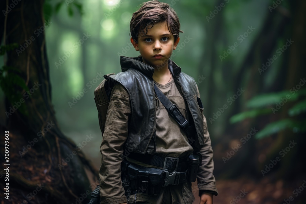 Portrait of a boy in a military jacket in the forest.