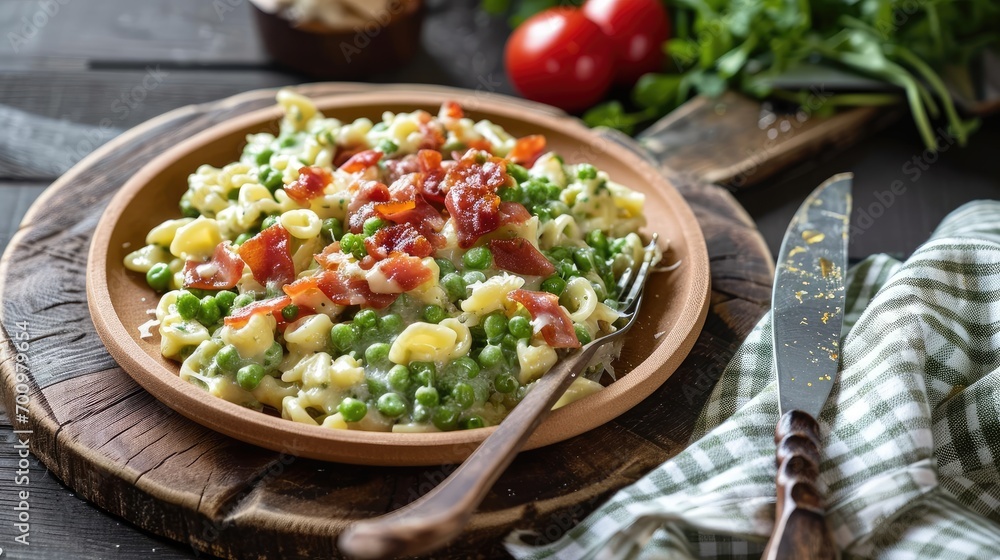 Homemade Spatzle with Bacon and Peas on Rustic Wooden Table