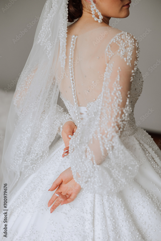 wedding dress with sleeves from the back of the bride. Beautifully knitted dress with fastened buttons. wedding dress with sleeves from the back of the bride. Beautifully knitted dress with fastened buttons.