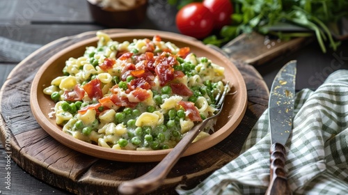 Homemade Spatzle with Bacon and Peas on Rustic Wooden Table