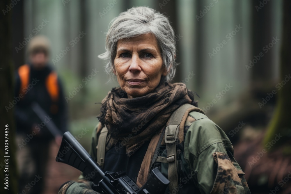Portrait of a senior woman with a machine gun in the forest
