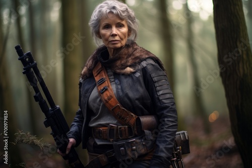 Elderly woman with a machine gun in the forest. Portrait.