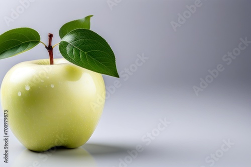 Green apple with leaf on grey background, healthy food and nutrition concept. Copy space for text. Generative AI. © anungcamui