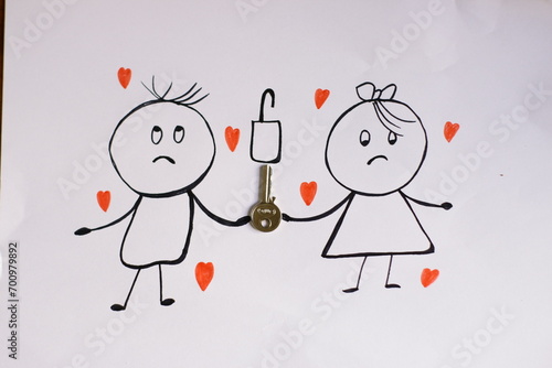 dibujo de una pareja abriendo el candado de su amor  con una llave.