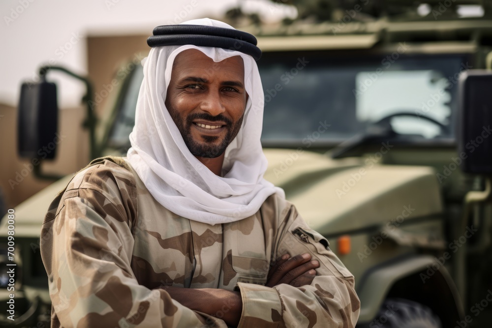 Portrait of a happy arabian soldier standing with arms crossed in front of military vehicle