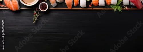 Obraz  z motywem top view sushi on wooden table with copy space banner