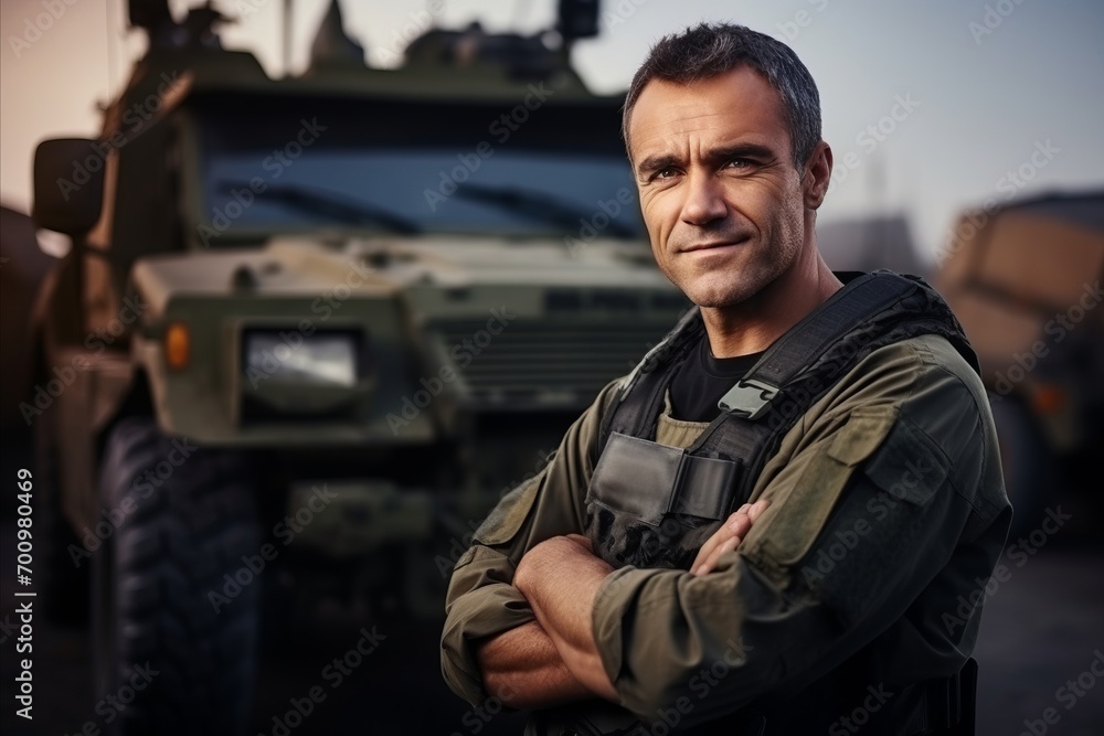 Portrait of mature soldier standing with arms crossed in front of military vehicle Portrait of mature soldier standing with arms crossed in front of military vehicle