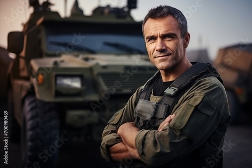 Portrait of mature soldier standing with arms crossed in front of military vehicle