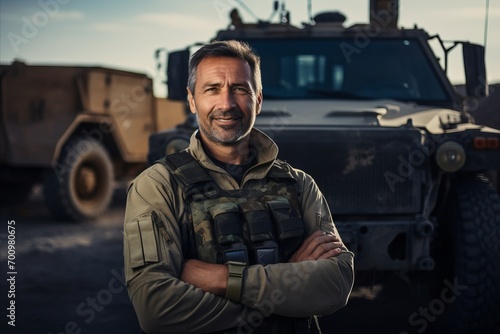 Portrait of confident mature soldier standing with arms crossed in front of truck