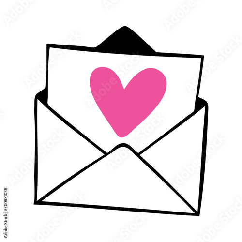 Logo del día de San Valentín. Mensaje de amor. Silueta de corazón en carta en sobre abierto para su uso en felicitaciones y tarjetas