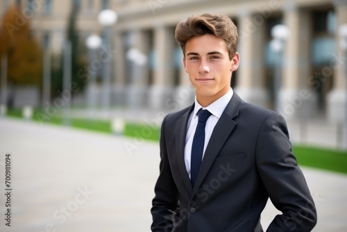 Portrait of a handsome young businessman in a suit, outdoor.