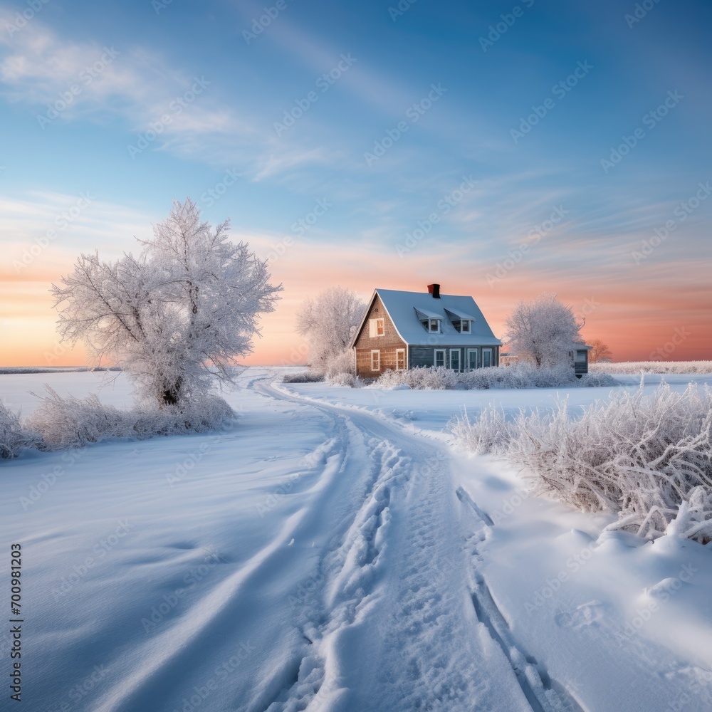completely snowy rural house
