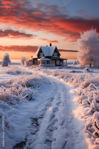 completely snowy rural house 