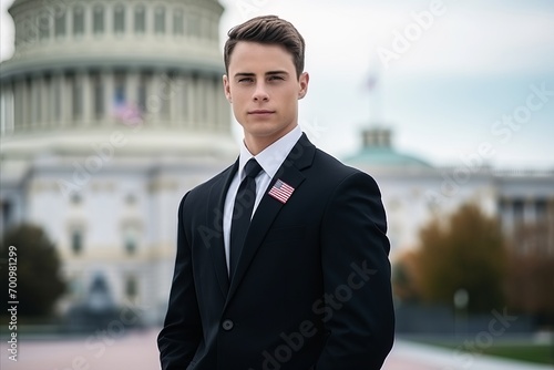 Portrait of a handsome young businessman standing in front of the capitol building