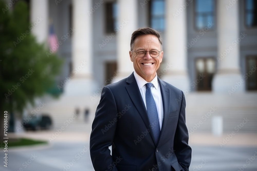 Portrait of a smiling mature businessman standing in front of the courthouse Portrait of a smiling mature businessman standing in front of the courthouse