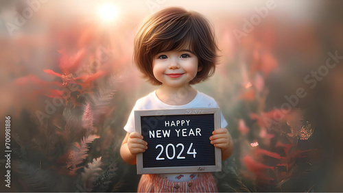 Cute babygirl wishing happy new year 2024 photo