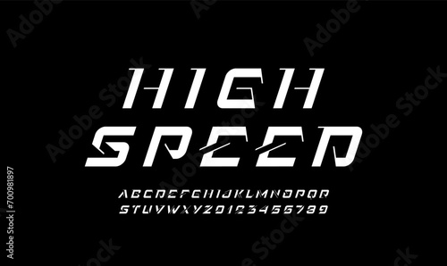 Technical future font, digital cyber alphabet, italic white letters from A to Z and numbers from 0 to 9 for interface design, vector illustration 10EPS