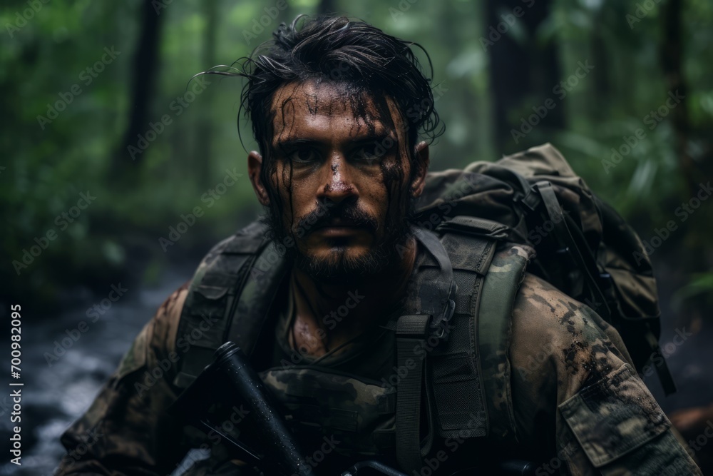 Portrait of a man with a backpack in the forest. Military concept.