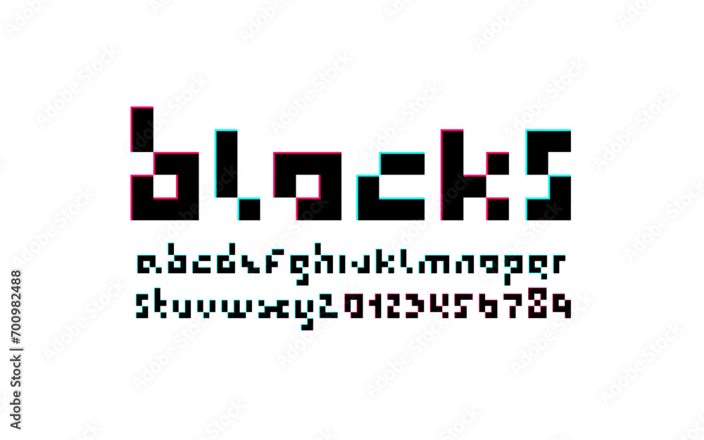 Pixel font, alphabet made in square style, geometric letters and numbers, vector illustration 10eps Pixel font, alphabet made in square style, geometric letters and numbers, vector illustration 10eps