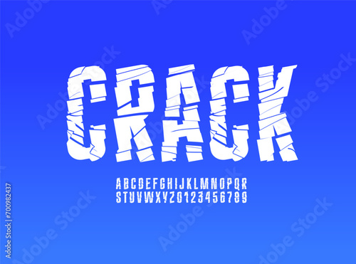Crushed broken condensed font, white narrow cracked alphabet, fragmented fragile letters and numbers, vector illustration 10EPS