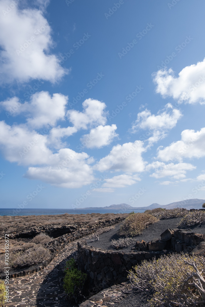 Desert landscape with ocean in the background outside Los Jameos del Agua. Sky with big white clouds. Lanzarote, Canary Islands, Spain.