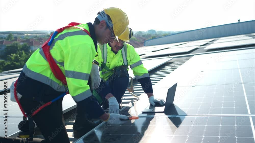 Both of technicians is installing solar panels on the roof of the warehouse to change solar energy into electrical energy for use in factories. Both of technicians is installing solar panels on the roof of the warehouse to change solar energy into electrical energy for use in factories.