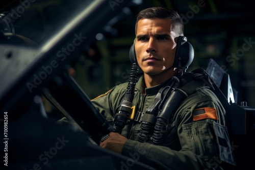 Portrait of a handsome man pilot in the cockpit of the aircraft.