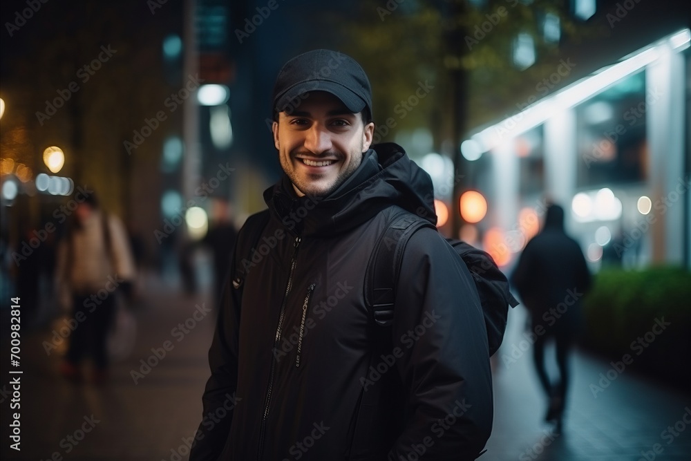 Portrait of a young man walking in the city at night. Portrait of a young man walking in the city at night.