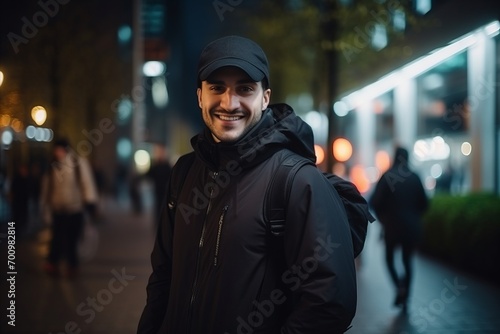 Portrait of a young man walking in the city at night.