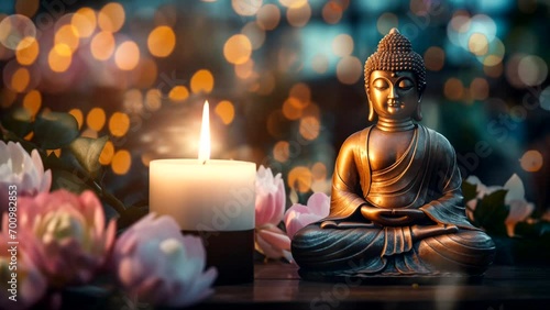 Flame and background abiation. Buddha figurine. Generative AI. Loop video. photo