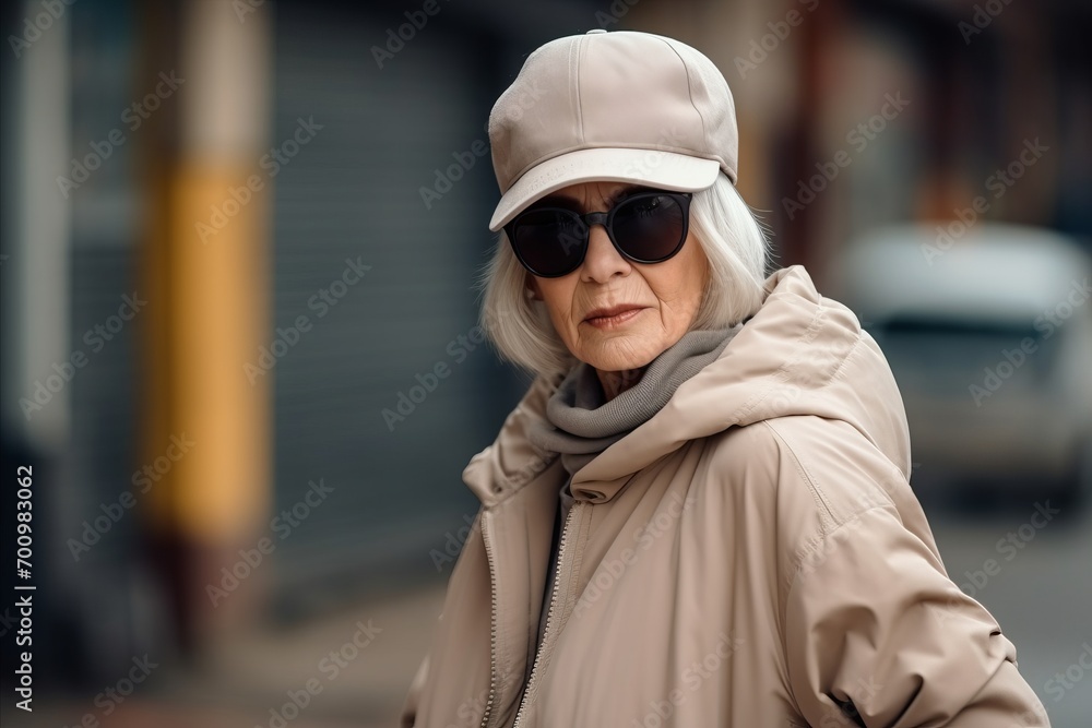 portrait of senior woman in cap and sunglasses on the street. portrait of senior woman in cap and sunglasses on the street.