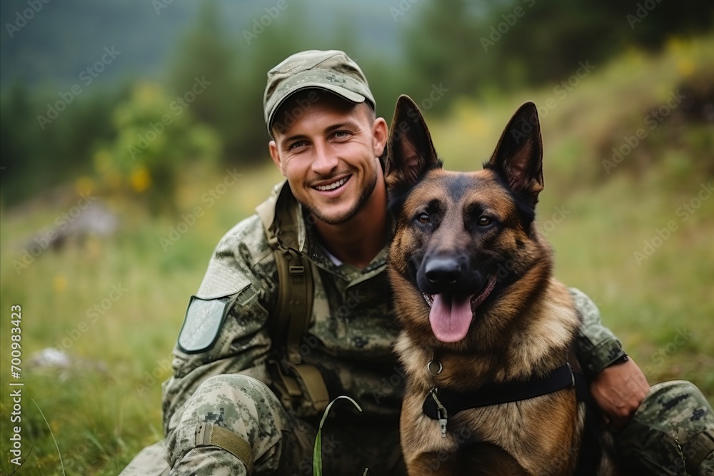 Soldier with German Shepherd dog sitting on the grass in the mountains Soldier with German Shepherd dog sitting on the grass in the mountains
